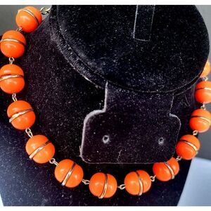 Vintage 60s Orange and Gold Acrylic Mod Pill Necklace - 16"